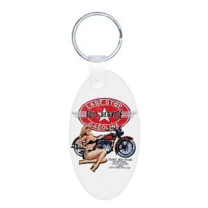 Aluminum Oval Keychain Last Stop Full Service Gasoline Motorcycle Girl