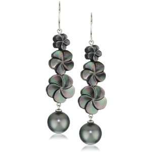   Puff Flower Black Mop with Semi Round Tahitian Cultured Pearl Earrings