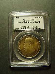 1915 GERMANY SAXE MEININGEN 3 MARK PCGS MS64 COIN  