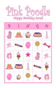 Pink Poodle Birthday Party Game Bingo Cards  