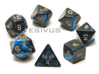You are bidding on a set of seven plastic Blue Marble Oblivion Dice 