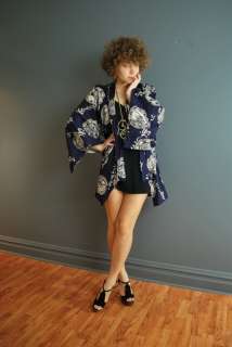 Vintage 80s navy blue DRAGON print kimono bed jacket top  
