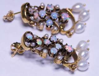 Stunning Pair Antique Solid Opal & Drop Pearl Dangle Earrings L@@K 