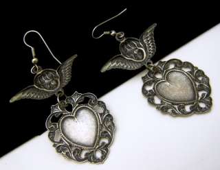 Dangly Angel Cupid Heart Earrings 2 3/4 Pierced Hooks Stamped 
