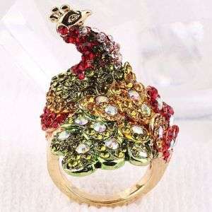 Colorful Crystal Beads Peacock Shiny Ring E0782 2  