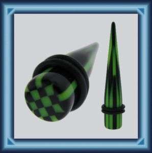 GREEN BLACK CHECKERBOARD ACRYLIC EAR TAPERS 1 PAIR 0G  