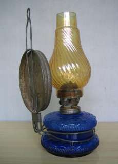 1930s ANTIQUE ORIGINAL GAS LAMP BLUE & YELLOW GLASS  