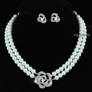 Bridal Wedding Rose White Faux Pearl Necklace Set S1196  