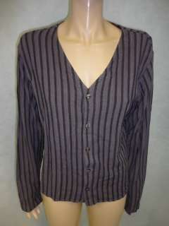 CP Shades Purple Black Striped Rayon Linen Button Up Blouse Top Shirt 