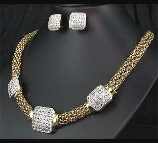 Wedding Party Bridal Golden KGP Crystal Mesh Necklace Earrings Jewelry 