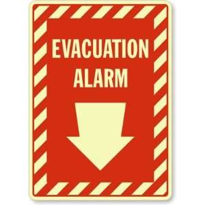  Evacuation Alarm (Arrow Down) Glow Aluminum Sign, 14 x 10 