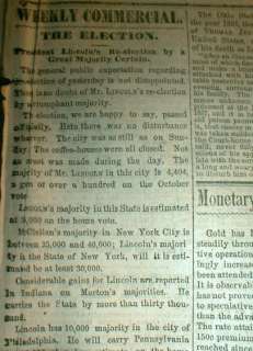 1864 Civil War newspaper ABRAHAM LINCOLN Re ELECTED PRESIDENT of the 