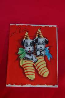   1940 Christmas Card Cute Rascal Wire Fox terrier dog n Stockings