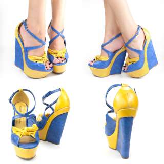 yellow multi color peep toe high heel platform wedge sandal