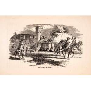  1856 Wood Engraving Art Mexico Horse Drawn Litter Vehicle 