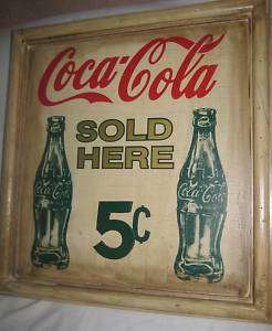 COCA COLA WOOD WALL PIC. ADVER. $5C SOLD HERE COCA COLA  