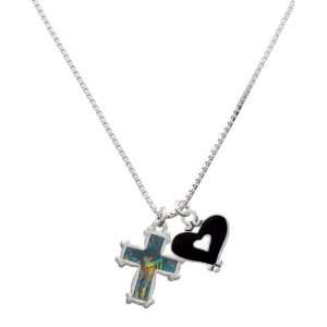    Abalone Shell Cross and Black Heart Charm Necklace Jewelry