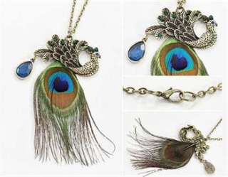 Cute Gorgeous Blue Eyes Peacock Long Feather Necklace x206 great gift