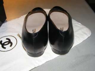 authentic CHANEL FLAT BLACK LEATHER SHOES SIZE 38 PATENT TIP genuine 