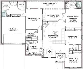 Complete House Plans  2306 sq ft   2 masters + ADA bath  
