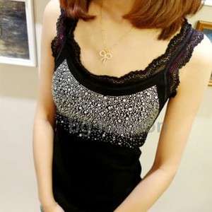 Womens Sleeveless Faux Crystal Lace Straps Tank Top Vest Camisole 