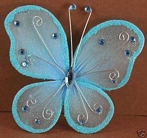 LARGE BLUE Wire Tulle 4.5 BUTTERFLY w/ Glitter & Crystals  