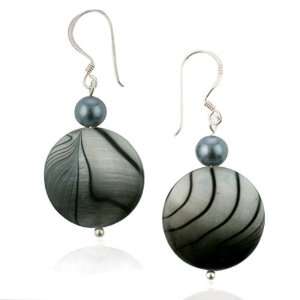   of Pearl Black and White Print Round Disc Dyed Pearl Earrings Jewelry