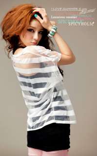 Women Sexy Casual shirt + vest short sleeve striped two piece set T 