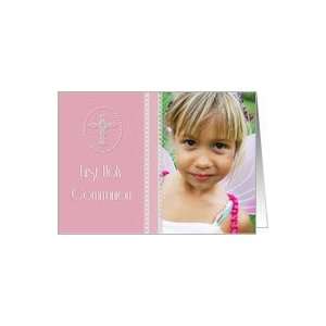 First Holy Communion, White Cross, Pink Photo Card Invitation Card