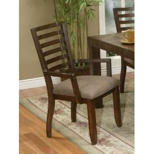   of 2 Dining Arm Chairs with Taupe Upholstered Seat in Dark Wood Finish