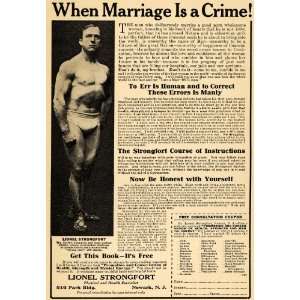 1918 Ad When Marriage is Crime Lionel Strongfort Defect   Original 