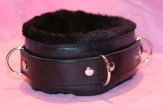 Locking Fur Lined Black Leather Slave Collar Restraint  
