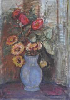 Vase Flowers Abba Fenichel Signed Painting Israel Art Poland Jewish 