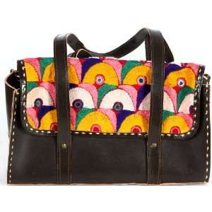 Coffee Brown Leather Handbag from Ajmer with Hand Ari Embroidery and 