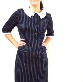 60s Vintage Navy Blue White Collar Pinstripe Secretary Knit MOD Dress 