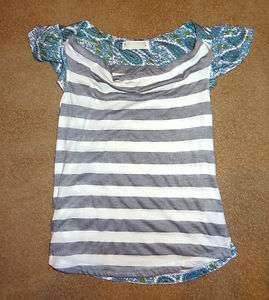   ANTHROPOLOGIE grey white striped Shirt blouse with blue floral L