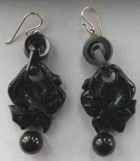 VICTORIAN STYLE CARVED WHITBY JET & GOLD EARRINGS ***  