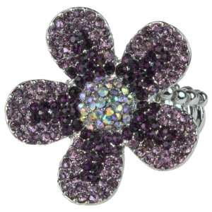 Silver Flower with Purple Rhinestone Covered Pedals Stretch Bling Ring