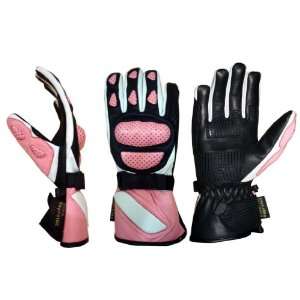 Waterproof white and pink womens leather motorcycle gloves 3XS M 