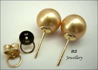 HS Round Golden South Sea Cultured Pearl 10.1mm Stud Earrings Top 