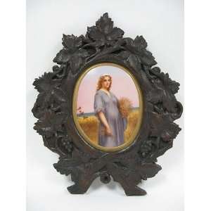    German Hand Painted Porcelain Plaque in Wood Frame