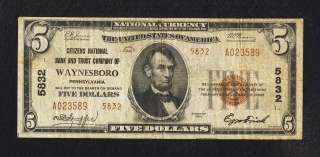 1929 Waynesboro Pennsylvania PA National Currency Bank Note Bill 
