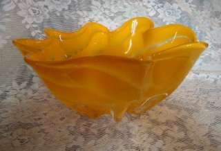 vintage bright Yellow Bowl ART GLASS Yellow Wavy edge  