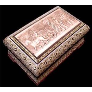 Persian Khatam Inlay Box Featuring Metal Bas Relief of Persepolis on 