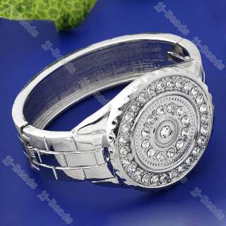 White Circle Crystal Imitated Watch Bracelet Cuff Retro Silver Tone 