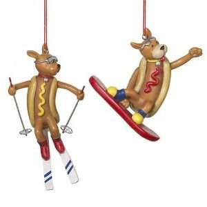  Hot Dog Skier and Snowboarder Christmas Ornaments Set of 2 