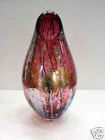 Tim Lazer Cranberry Glass Vase With Gold Leaf 14 H  