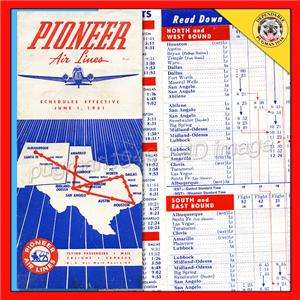 PIONEER AIRLINES 1951 AIRLINE TIMETABLE SCHEDULE TEXAS DOUGLAS DC 3 