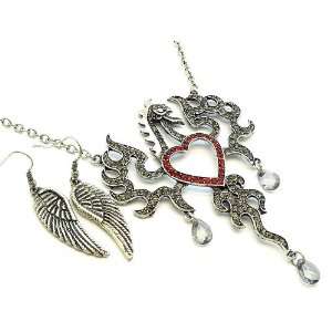  Phoenix Firebird with Heart Crystal Studs Necklace 