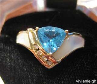 BLUE TOPAZ ring with Mother of Pearl Inlay & Diamonds 10K YG size 7 